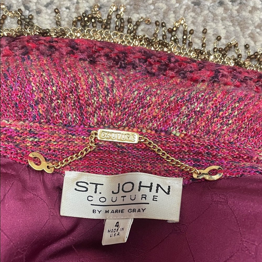 ST. JOHN couture Tweed Jacket Rich Burgundy gold crystal chain beaded fringe - Picture 9 of 17